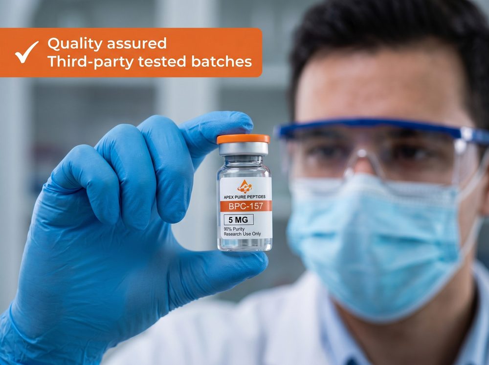 Vial von Apex Pure Peptides mit Etikett zur Chargenverifizierung
